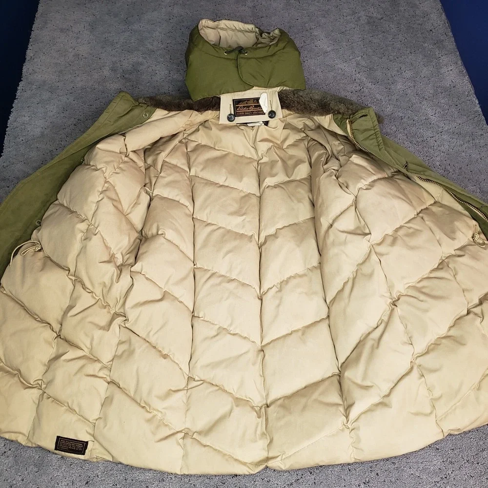 Vintage Eddie Bauer Jacket Mens Large Green Goose Down Puffer Hooded Hunting